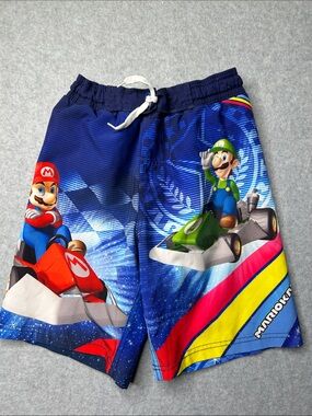 Boys Blue Mario Kart Character Swim Trunks with Elastic Waist